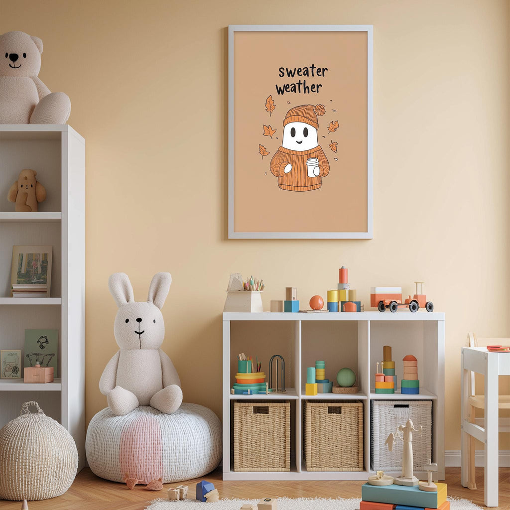 A cozy children's room with a white bookshelf, a plush rabbit, and a colorful toy box filled with toys. A framed poster with a cartoon character and the text "sweater weather" hangs on the wall, and a stuffed animal is also present in the room.