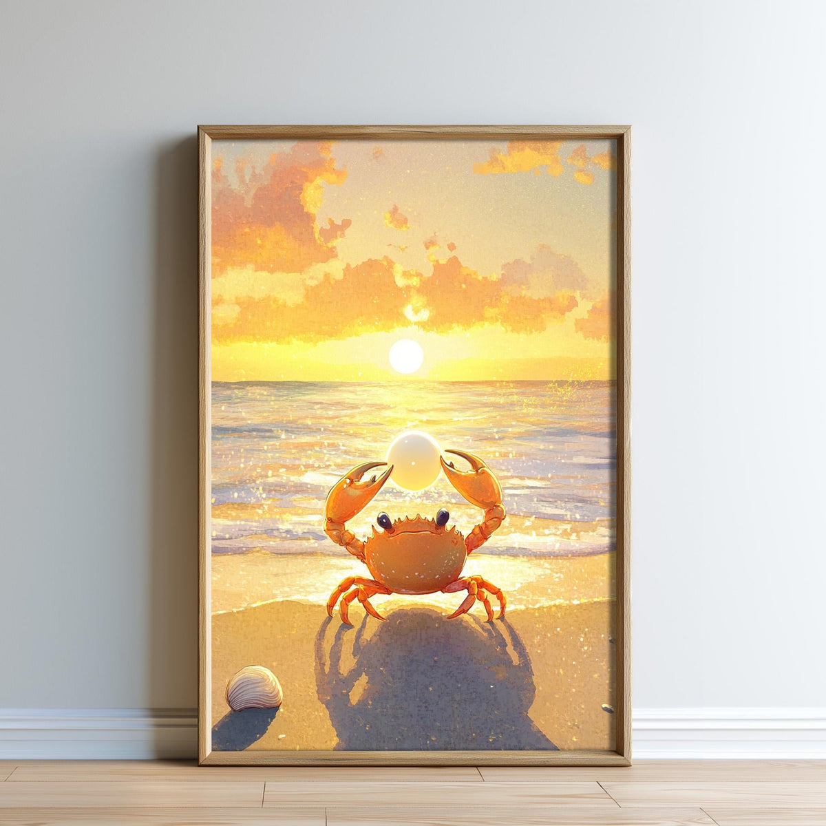 A framed painting depicting a crab sitting on a beach at sunset, with the sun setting over the ocean and the sky.