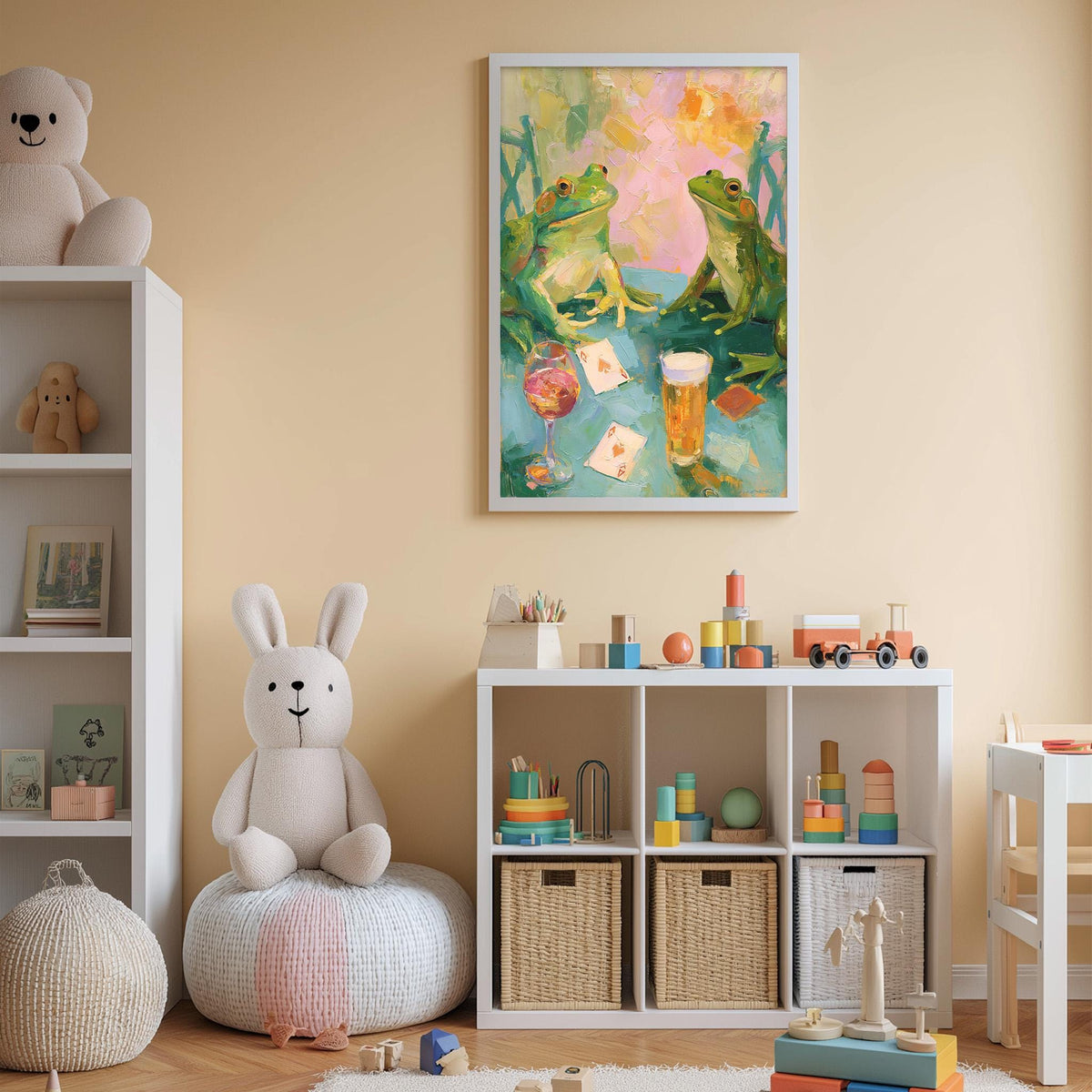 A cozy children's room with a white bookshelf, a plush rabbit, and a colorful painting of two frogs on a lily pad. The room also contains various toys and storage bins, creating a playful and organized atmosphere.