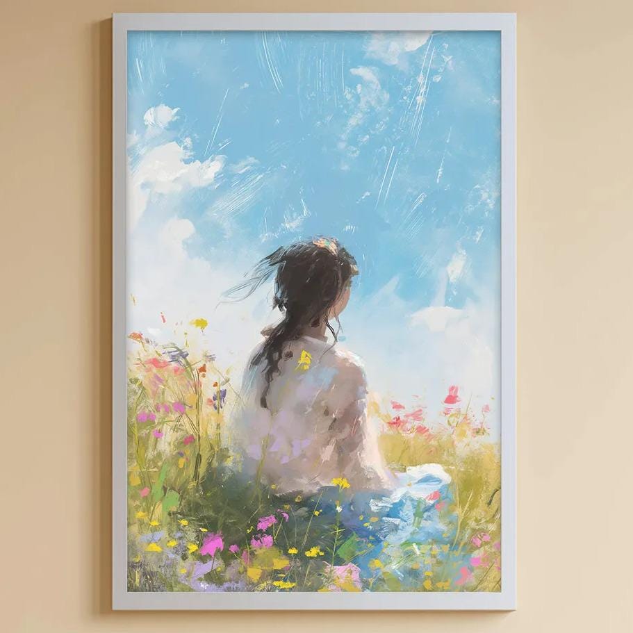 A cozy children's room with a white bookshelf, a stuffed bunny, a toy train, and a framed painting of a girl in a field.