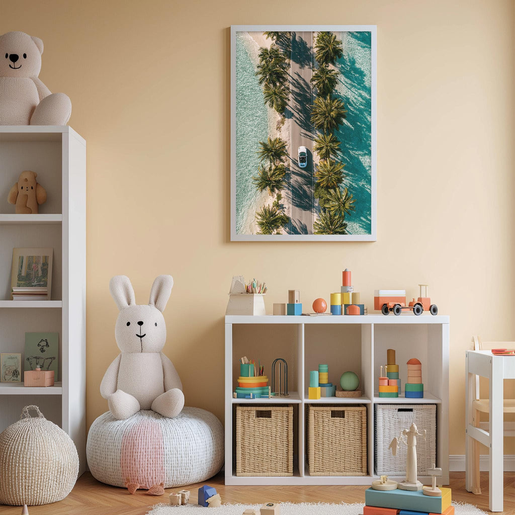 A cozy children's room with a large stuffed bunny, a bookshelf, and a toy chest filled with toys. The room has a warm, inviting atmosphere with a framed picture of a beach scene on the wall.