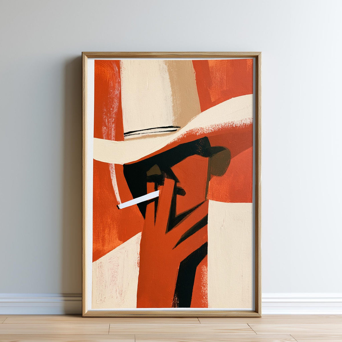 The image is a framed abstract painting depicting a stylized figure wearing a hat, with bold colors and brushstrokes.