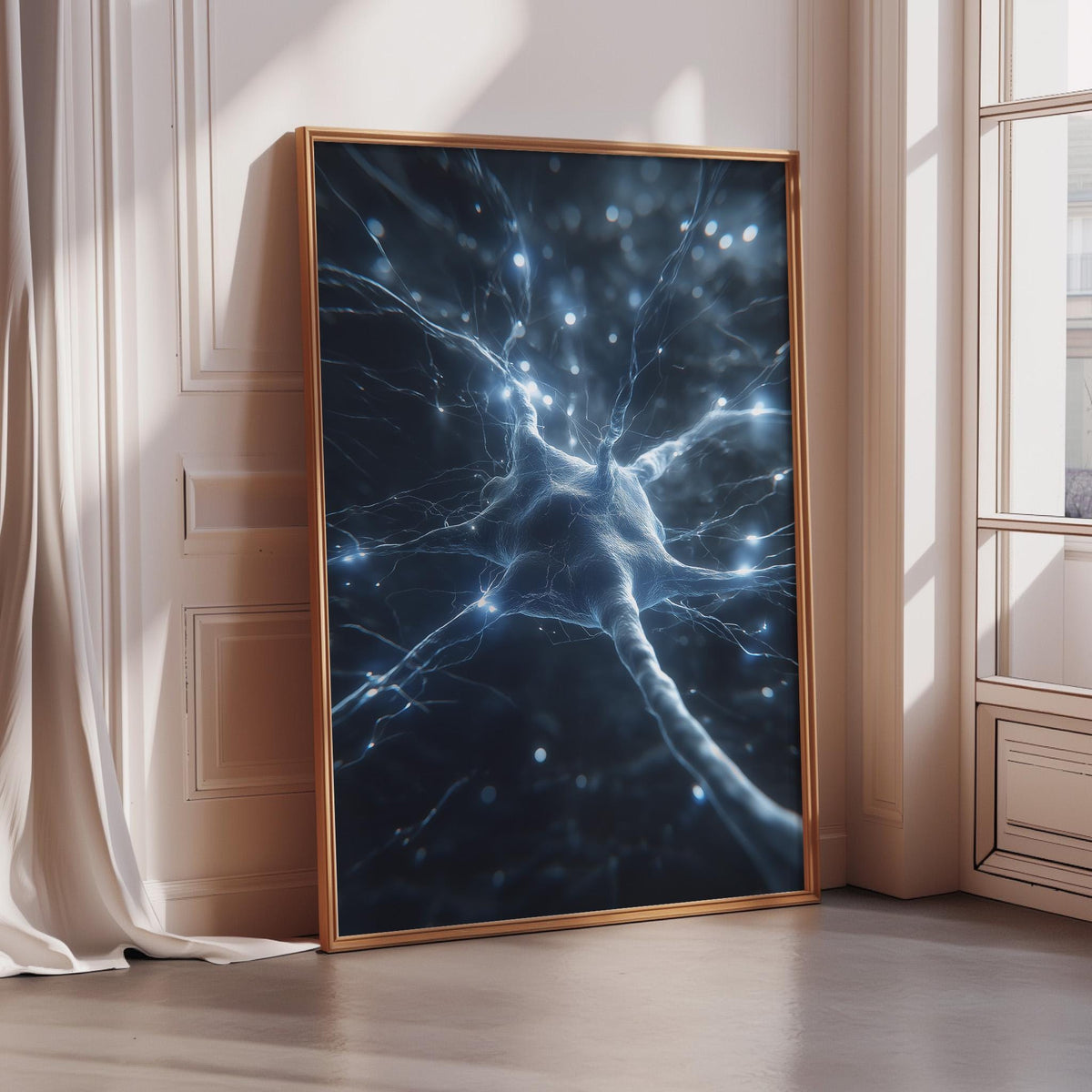a large, framed picture of a brain with intricate blue and white patterns, creating a striking visual effect.