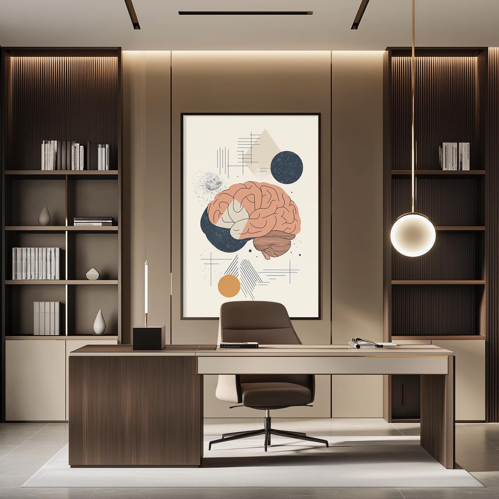 a modern and minimalist office space with a large abstract painting of a brain on the wall, a wooden desk with a chair, and built-in bookshelves.
