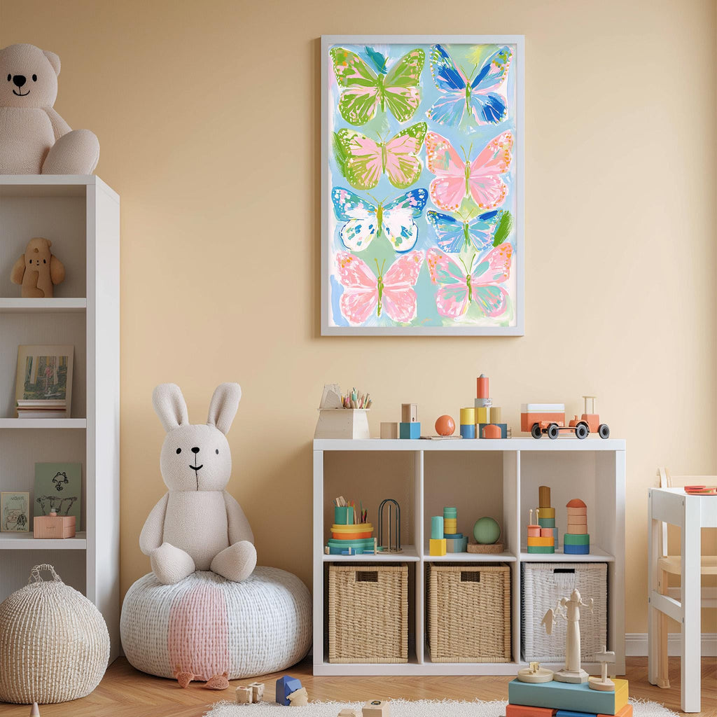 A child's bedroom with a white bookshelf, a stuffed rabbit, a colorful butterfly painting on the wall, and various toys and storage bins.