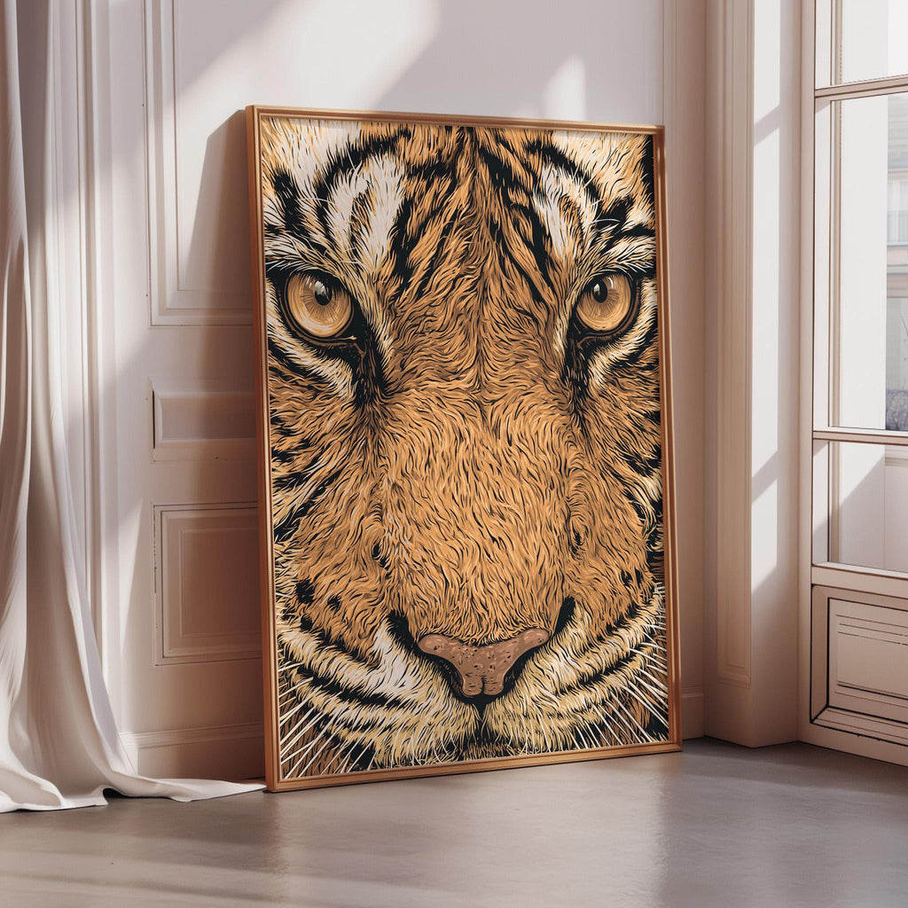 A large framed print of a tiger's face is displayed on a wall in a room with a window.