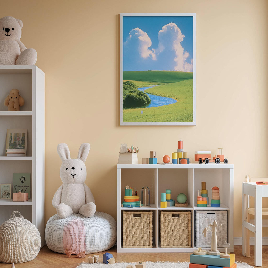 A cozy children's room with a white bookshelf, a plush rabbit, and a colorful toy box filled with toys. The room has a warm, inviting atmosphere with a framed landscape painting on the wall.