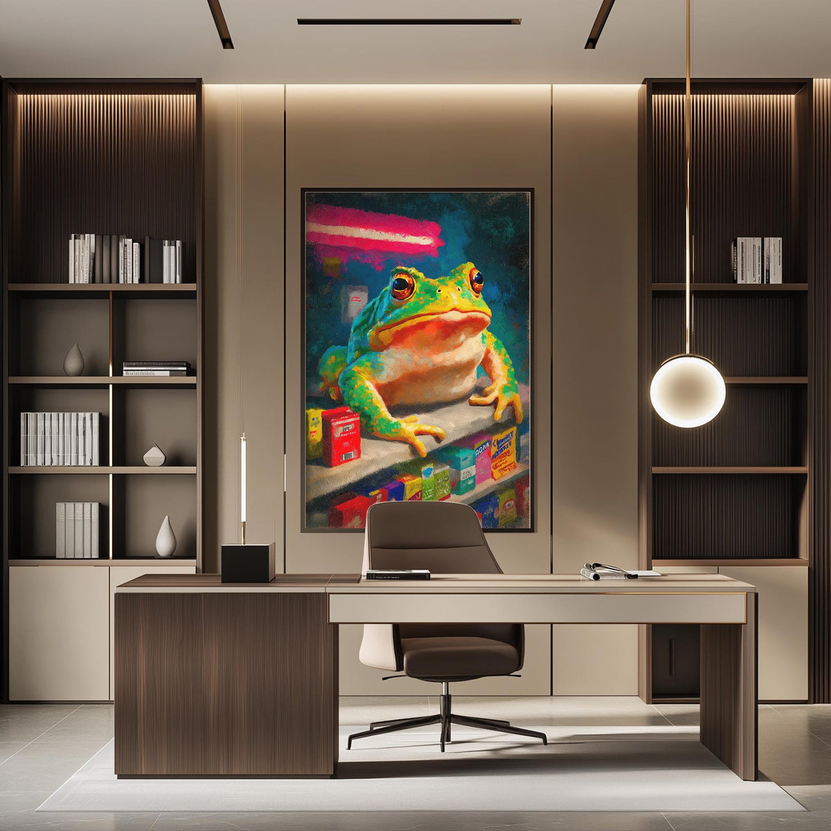 a modern office space with a large painting of a colorful frog on the wall. The office has a wooden desk, a chair, and a bookshelf filled with books. The overall design and decor create a vibrant and creative atmosphere.