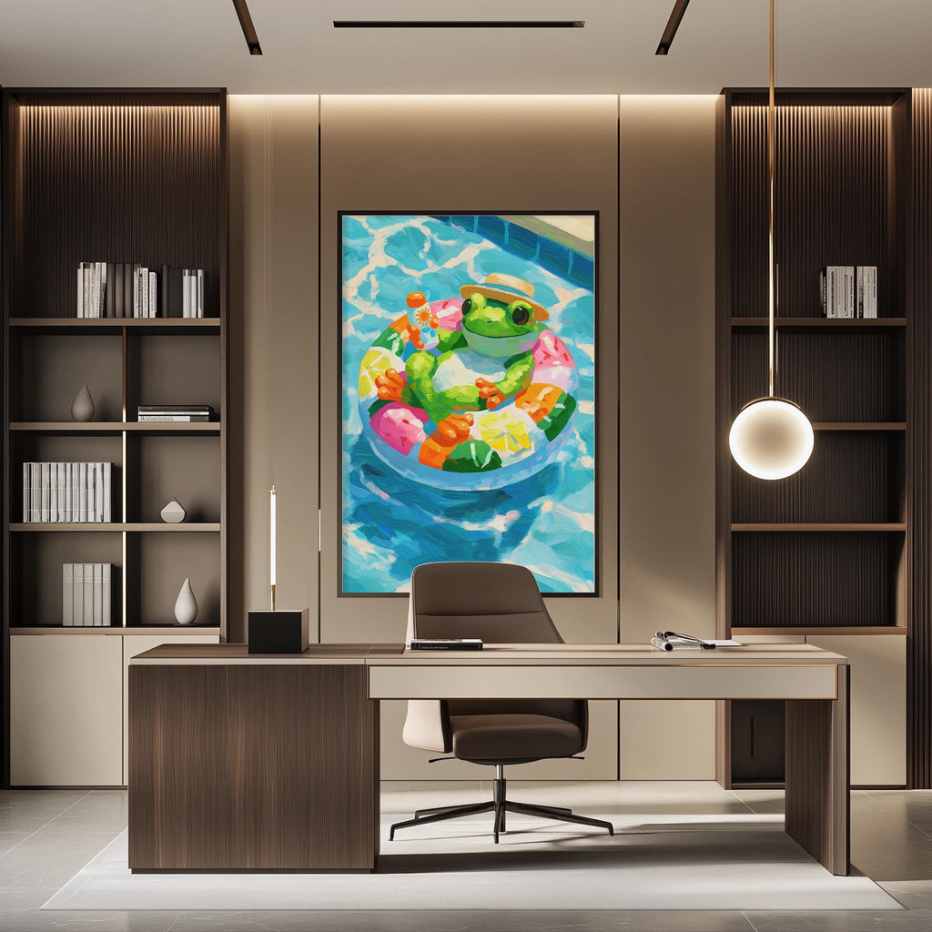 a modern office space with a large painting of a frog in a pool of water hanging on the wall. The office features a desk with a chair, and a bookshelf filled with books. The overall design and decor create a contemporary and stylish atmosphere.