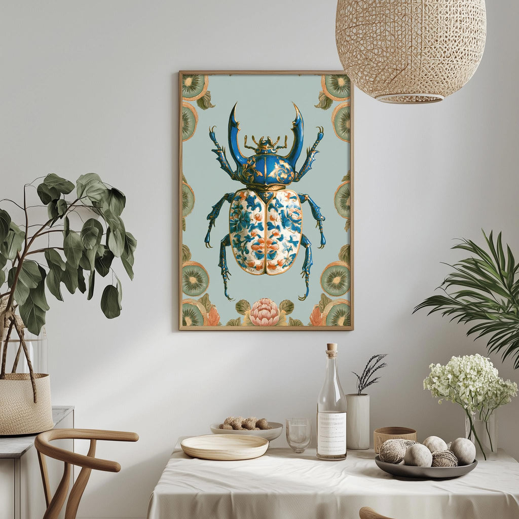 a dining table with a white tablecloth, a bowl of fruit, a bottle, and a vase with flowers. Above the table, there is a framed picture of a colorful, detailed insect, possibly a beetle, on a light blue background.