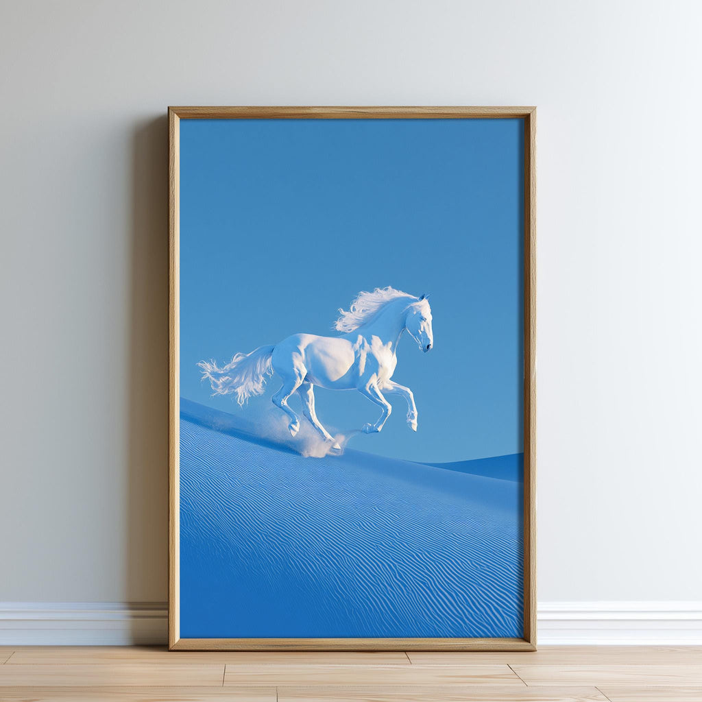 A white horse galloping across a vast, blue landscape.