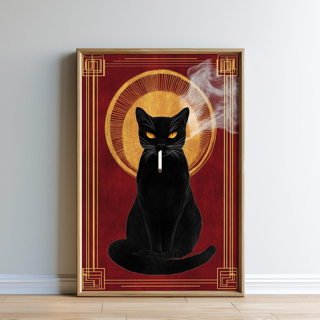 A framed illustration of a black cat sitting on its hind legs, with a cigarette in its mouth, against a red background with a golden sunburst.