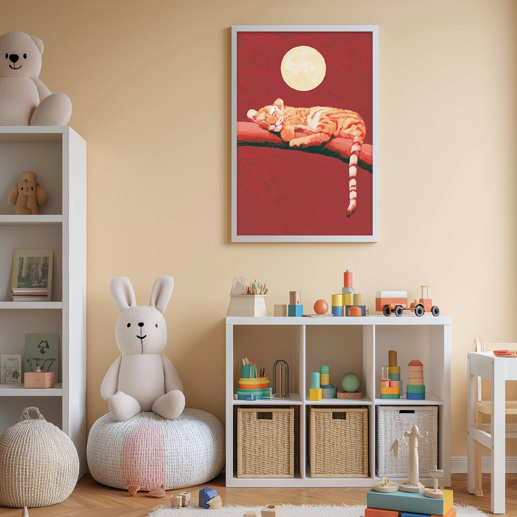 A cozy children's room with a large stuffed rabbit, a bookshelf, and a toy chest filled with toys. A framed painting of a tiger resting on a branch is displayed on the wall above the toy chest.