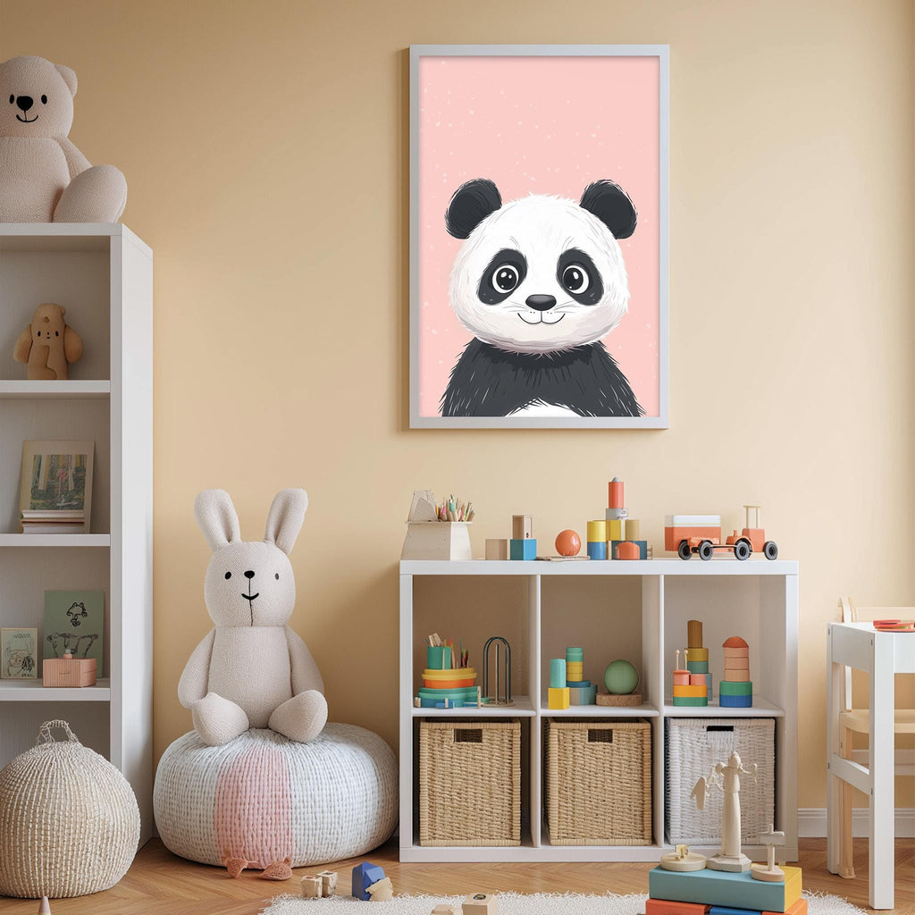 A child's bedroom with a panda bear poster on the wall, a stuffed rabbit, a toy train, and a toy car. The room also has a bookshelf, storage bins, and a play area with various toys.