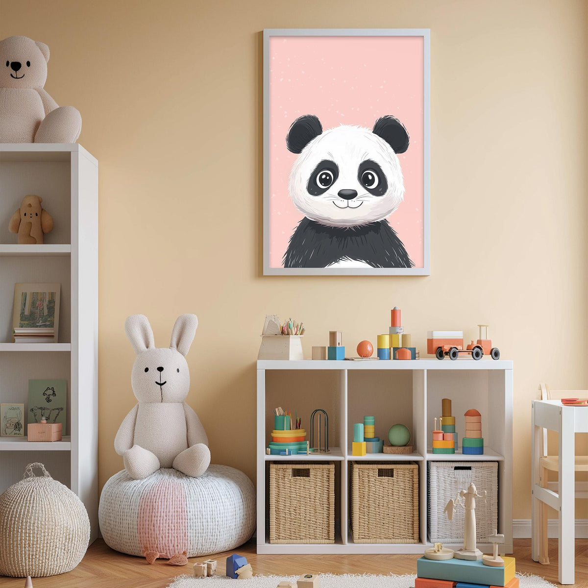 A child's bedroom with a panda bear poster on the wall, a stuffed rabbit, a toy train, and a toy car. The room also has a bookshelf, storage bins, and a play area with various toys.