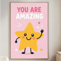 a poster with a cartoon star on it, which is hanging on a wall in a living room.