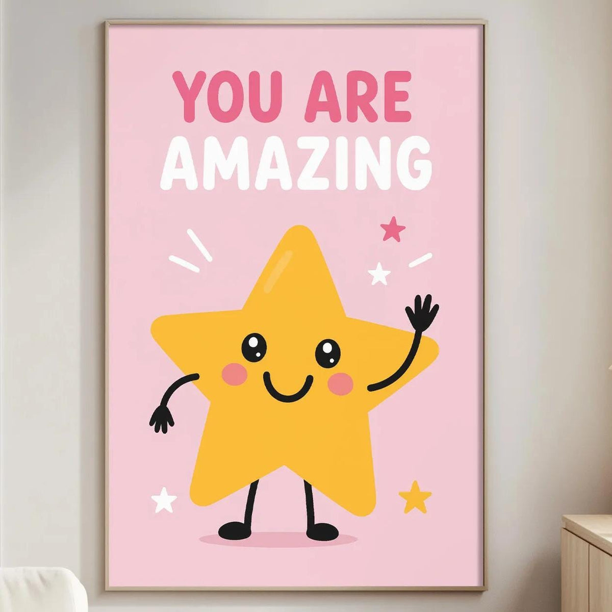 a poster with a cartoon star on it, which is hanging on a wall in a living room.