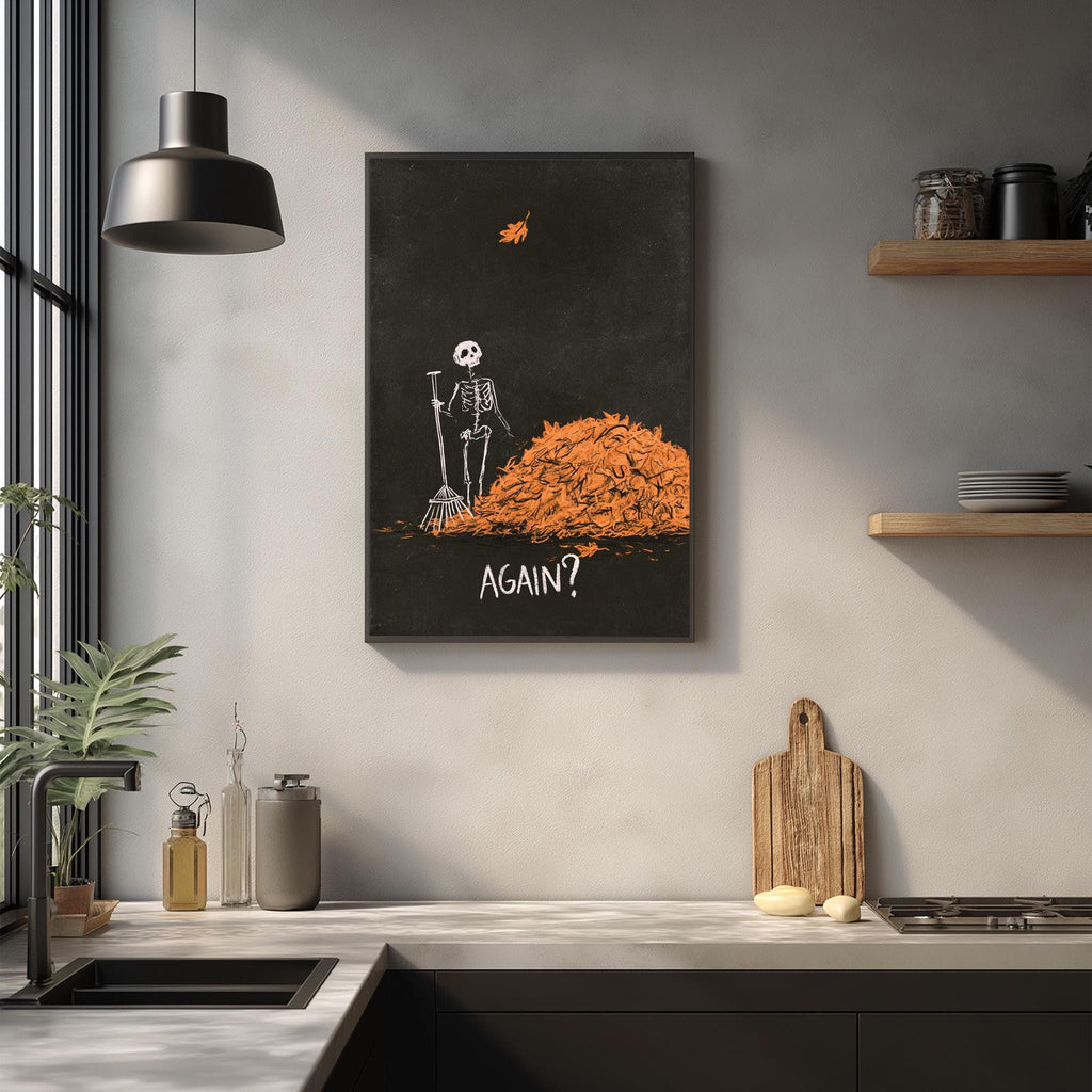 a skeleton standing on a pile of orange leaves, with the word "AGAIN?" written below the skeleton.