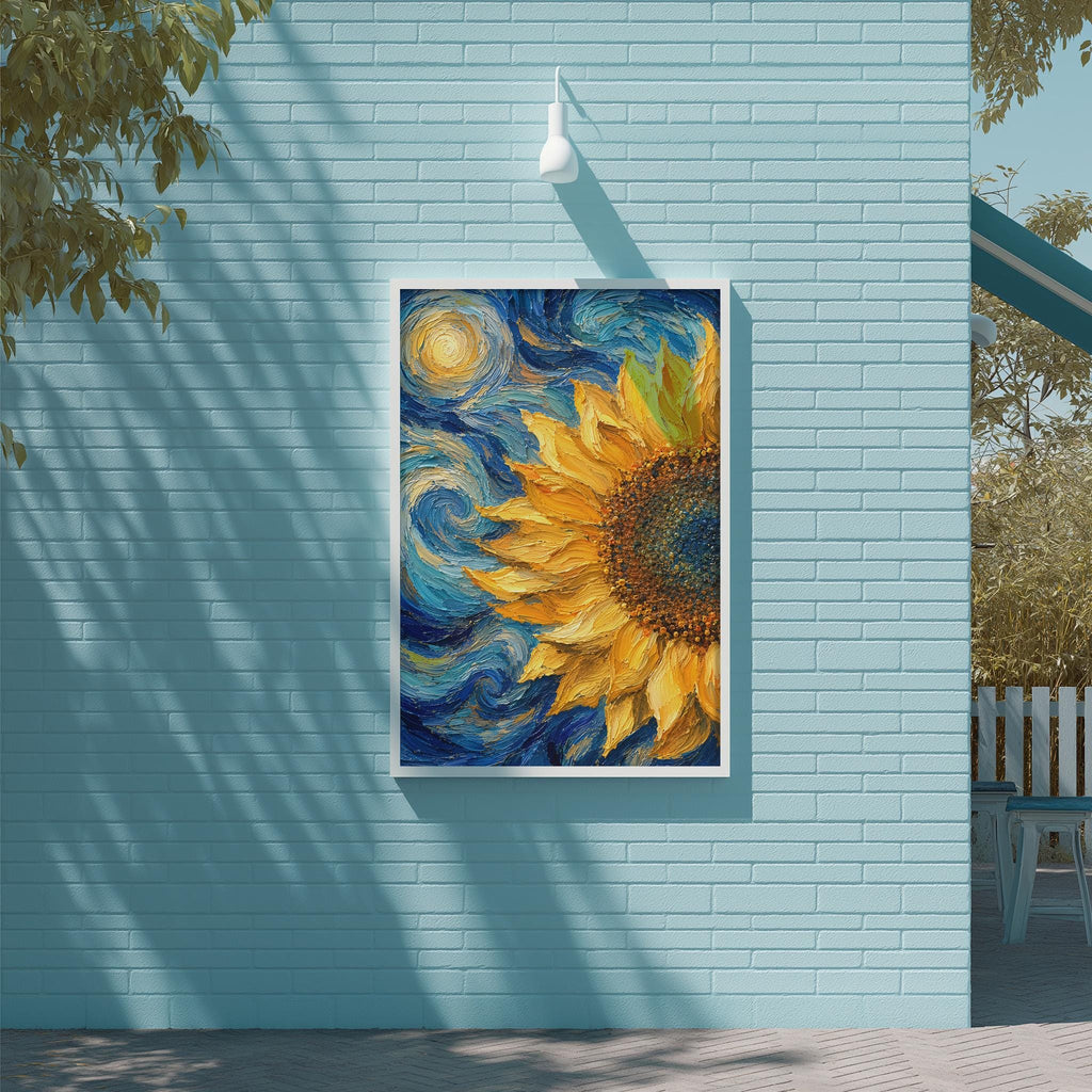 a large, vibrant painting of a sunflower hanging on a blue wall.