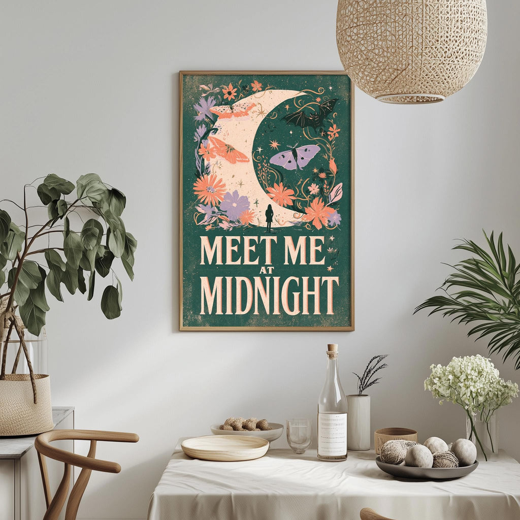a framed poster with a crescent moon and floral design, hanging on a wall above a dining table with various decorative items and plants.