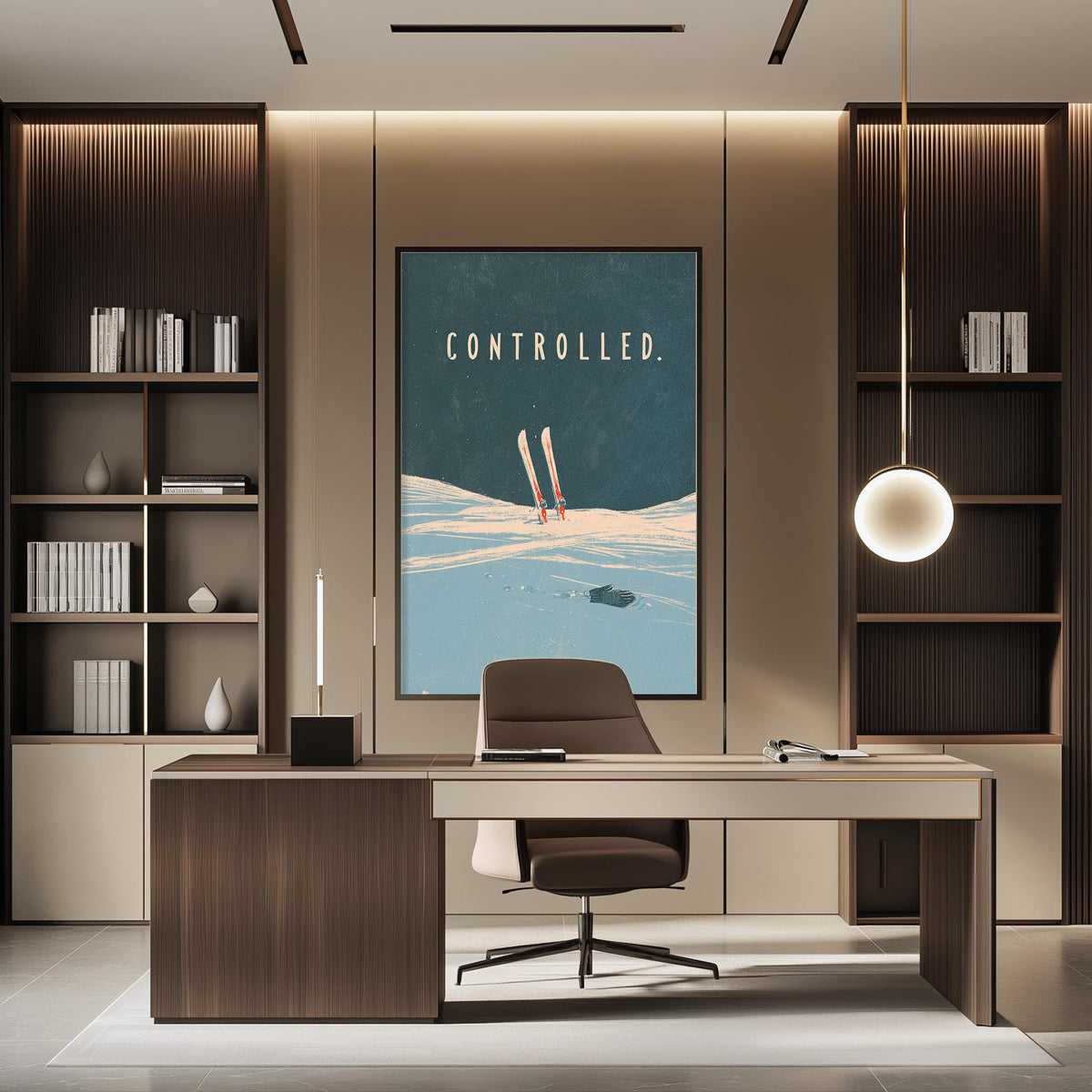 a modern office space with a large framed poster of a skiing scene on the wall, a wooden desk with a chair, and built-in bookshelves.