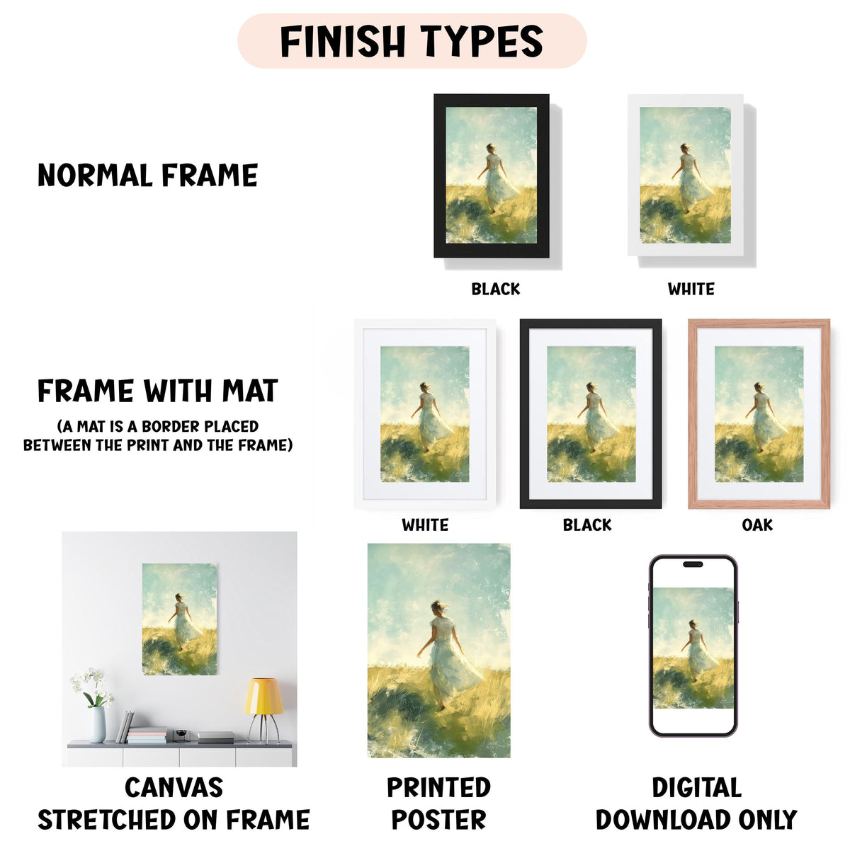 various types of artwork, including a canvas stretched on a frame, a framed print, a poster, and a digital download. The artwork is presented in different frame colors and styles, such as a normal frame, a black frame, a white frame, and an oak frame. The artwork is described as a canvas stretched on a frame, a framed print, a poster, and a digital download, and it is labeled as a finish type.