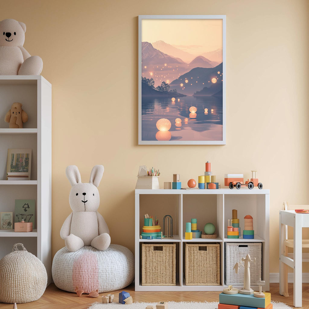 A cozy children's bedroom with a large stuffed bunny, a bookshelf, and a toy storage unit. The walls are painted a light peach color, and a framed landscape painting depicting a serene mountain scene with floating lanterns is displayed above the bookshelf.