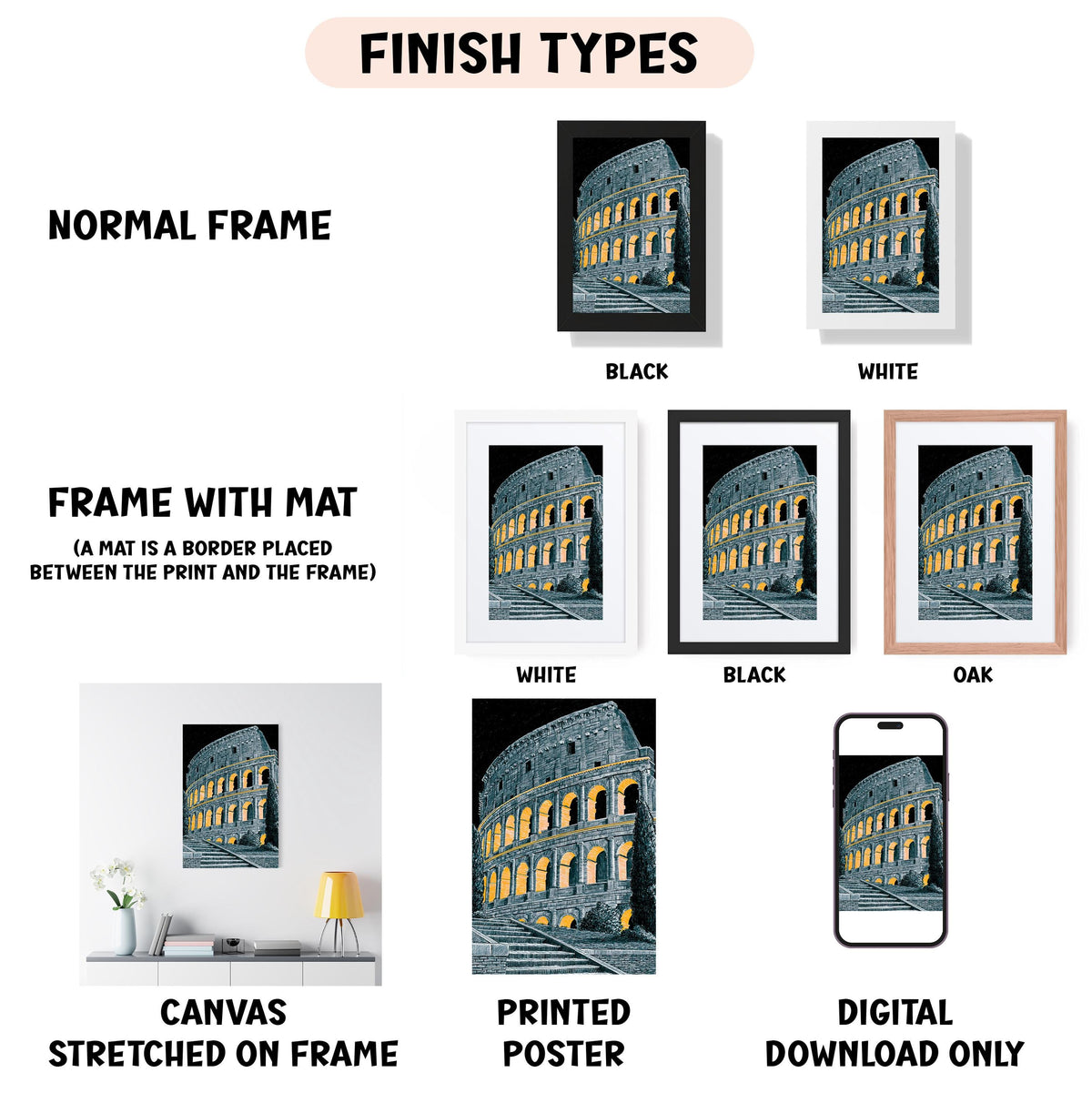 various finish types for framed artwork, including a normal frame, a frame with a mat, a white frame, a black frame, an oak frame, a white canvas stretched on a frame, a printed poster, and a digital download only.