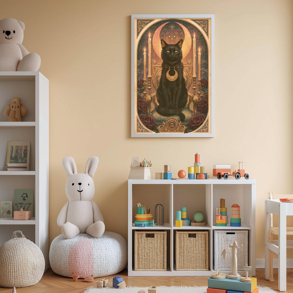A cozy children's room with a large framed painting of a black cat on the wall, a white bookshelf filled with toys, and a white bean bag chair.