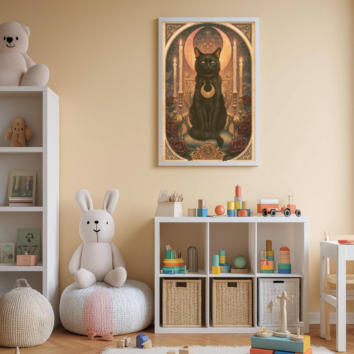 A cozy children's room with a large framed painting of a black cat on the wall, a white bookshelf filled with toys, and a white bean bag chair.