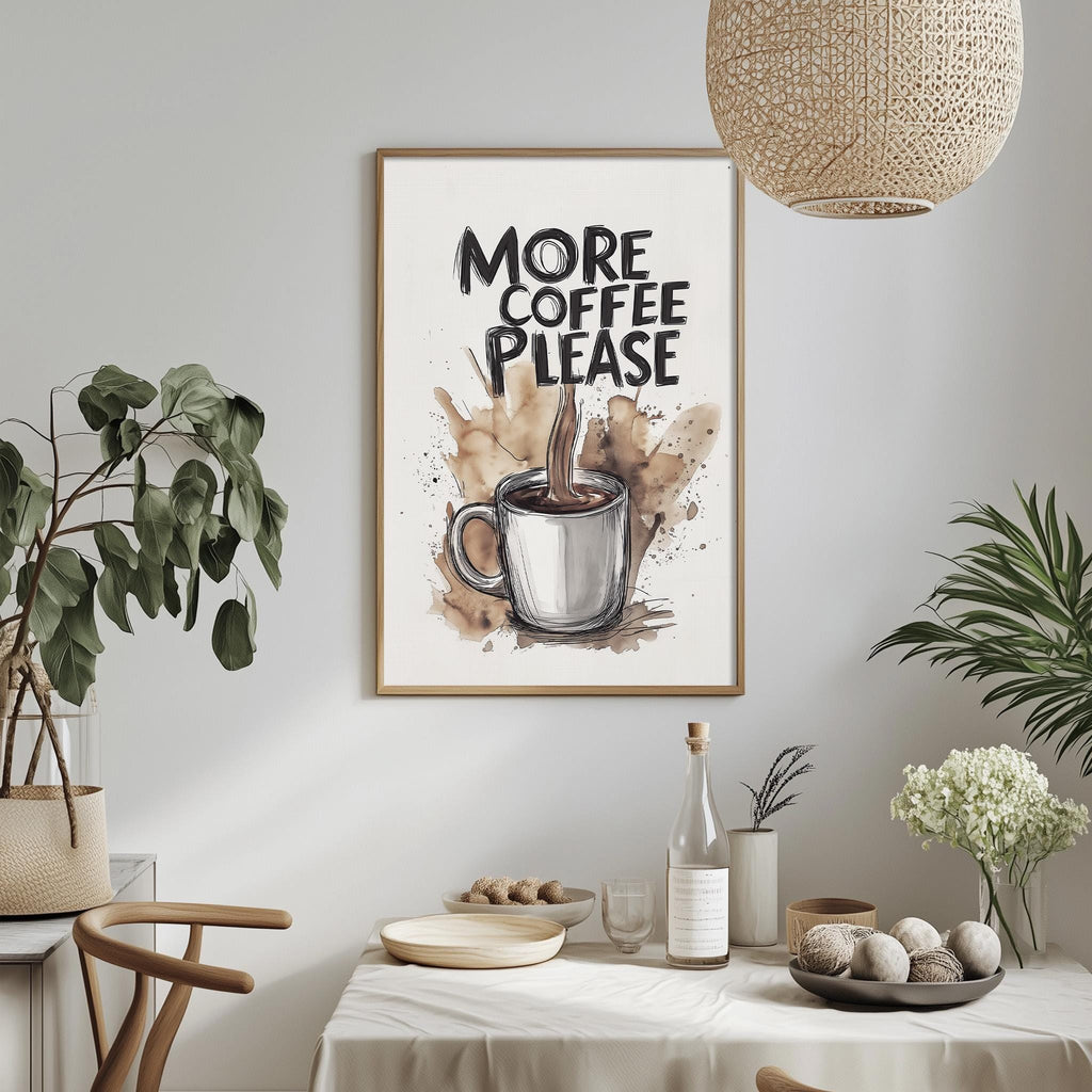 a framed poster with the text "MORE COFFEE PLEASE" hanging on a wall above a dining table with various items on it, including a bowl, a bottle, and a vase with flowers.