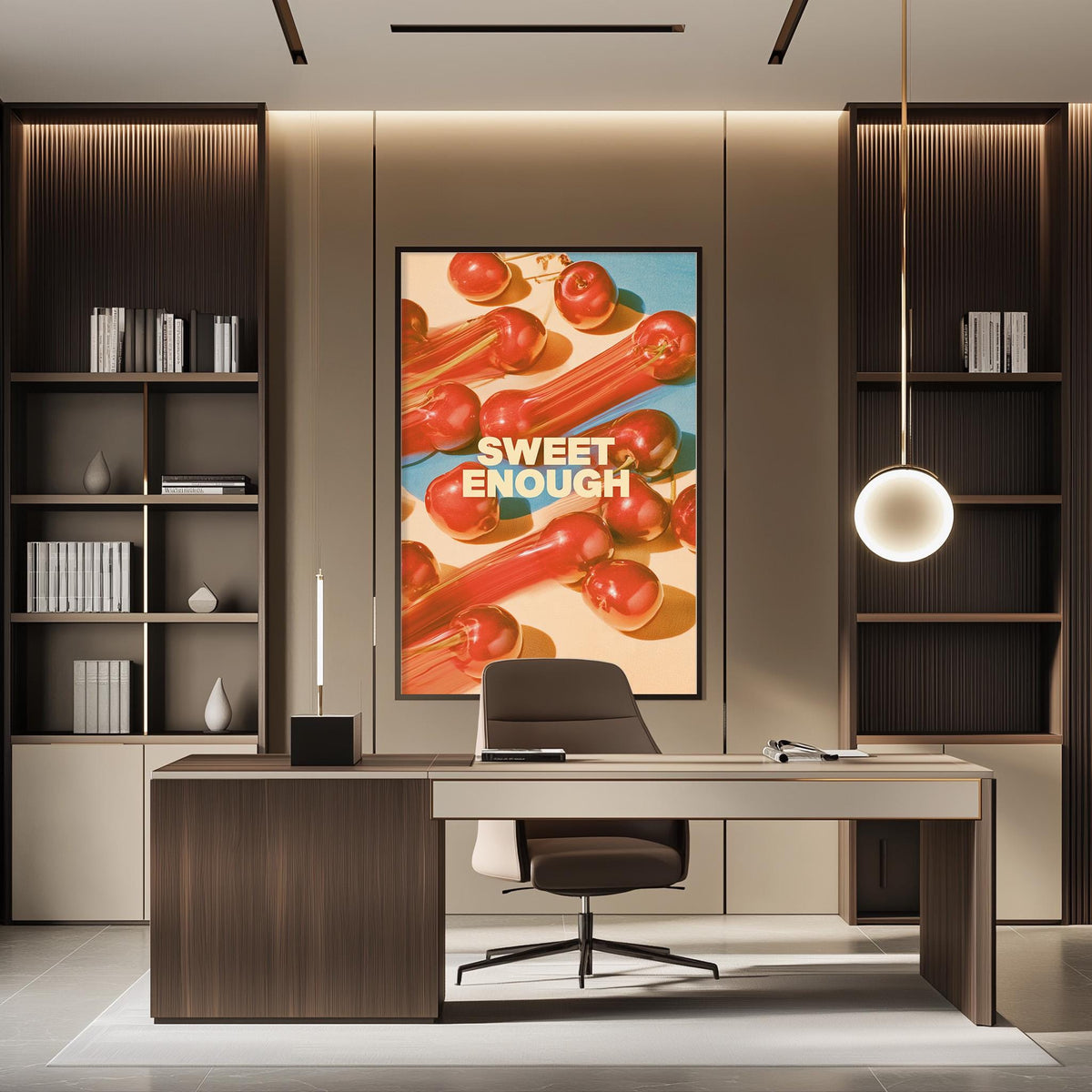 a modern office space with a large framed poster on the wall that says "Sweet Enough". The office has a wooden desk, a chair, and a bookshelf. The overall design and decor of the space create a professional and stylish atmosphere.
