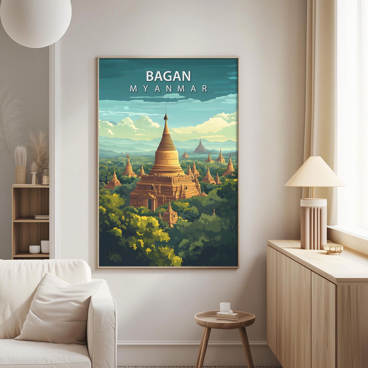 a poster of the famous Buddhist temple in Bagan, Myanmar, hanging on a wall in a living room.