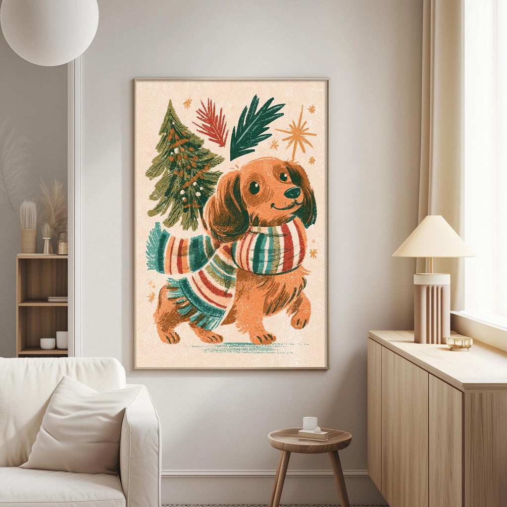 a cozy living room with a large, colorful painting of a dog wearing a scarf and surrounded by festive decorations, including a Christmas tree and stars.