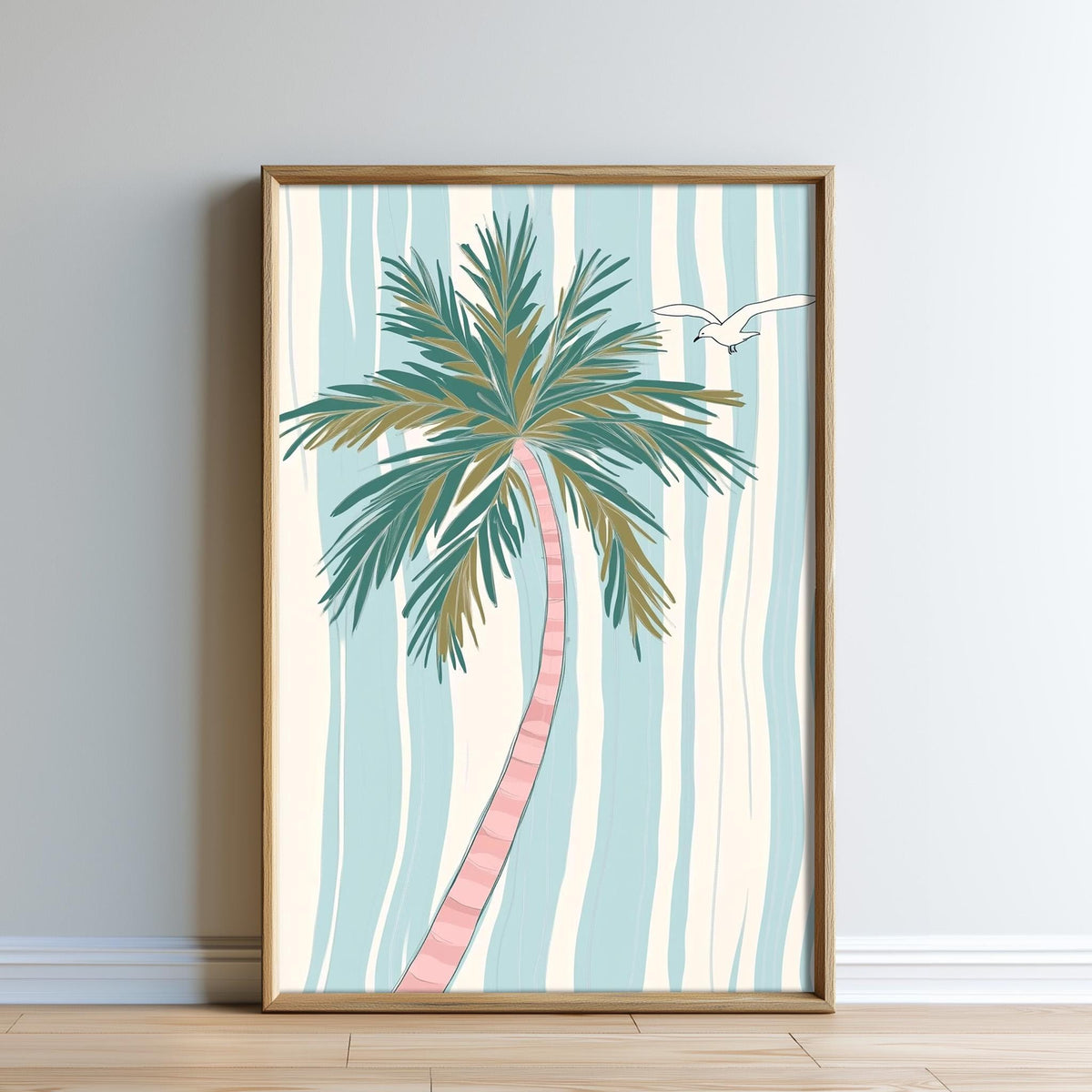A framed illustration of a palm tree with a bird flying above it, set against a background of blue and white stripes.
