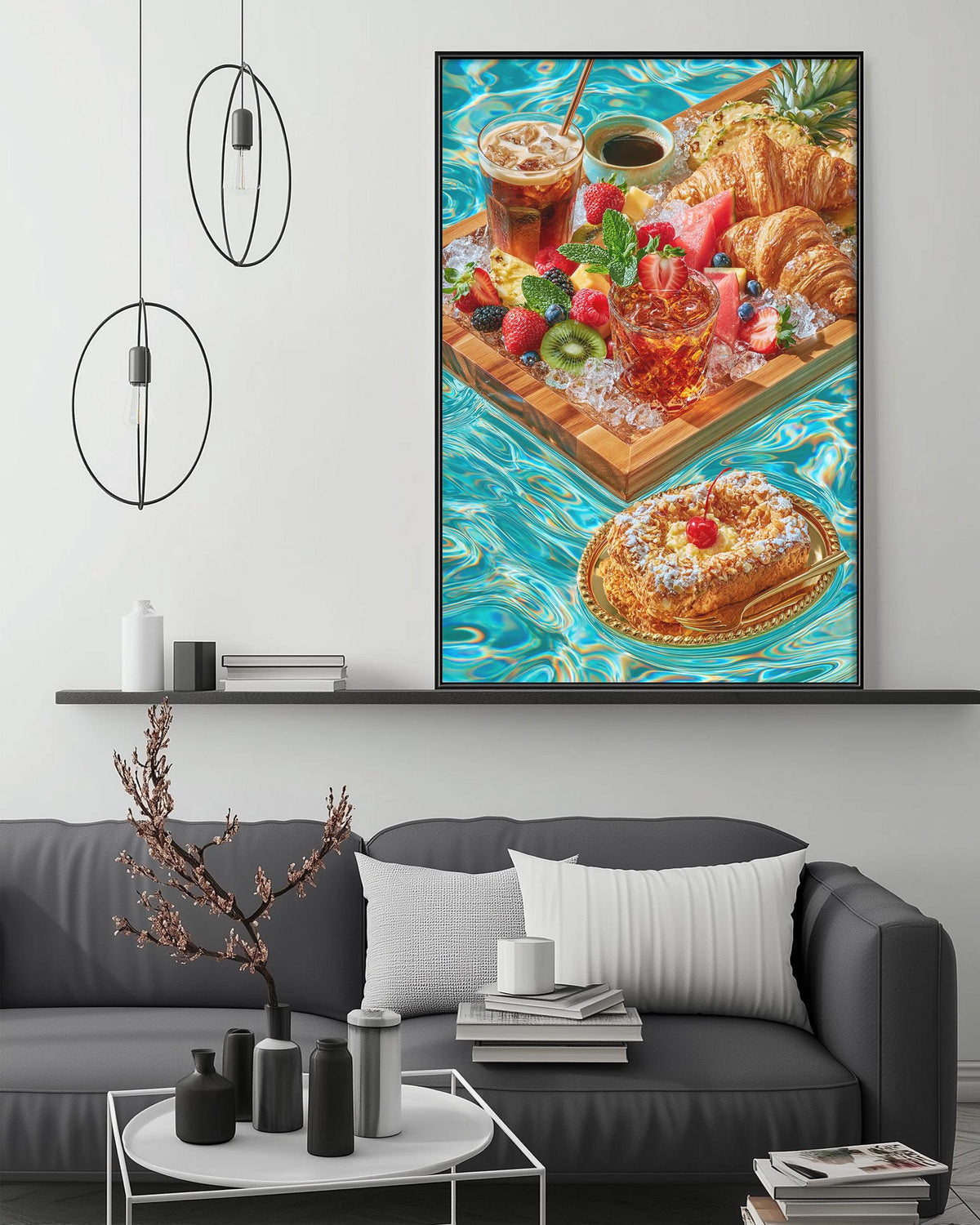 a large, colorful painting of a breakfast scene hanging on a wall above a gray couch in a living room.