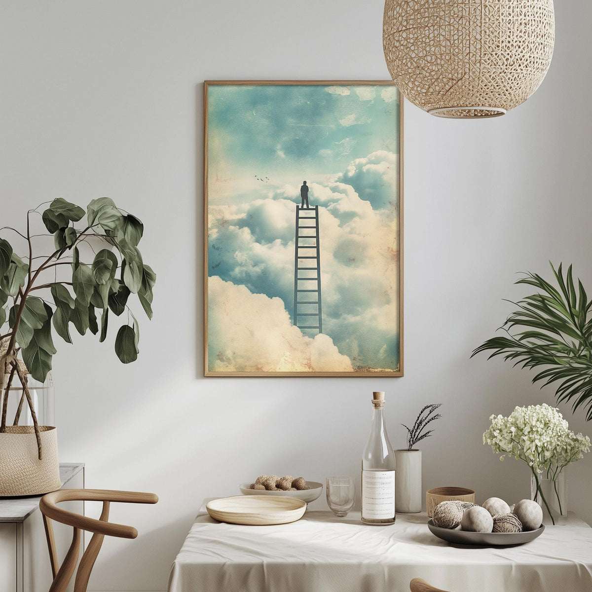 a serene indoor setting with a framed picture of a person standing on a ladder, looking out over a cloudy sky. The picture is hung on a white wall above a dining table, which is set with various items such as a bottle, a bowl, and a vase. The table is surrounded by chairs, creating a cozy and inviting atmosphere. The overall scene conveys a sense of tranquility and contemplation.