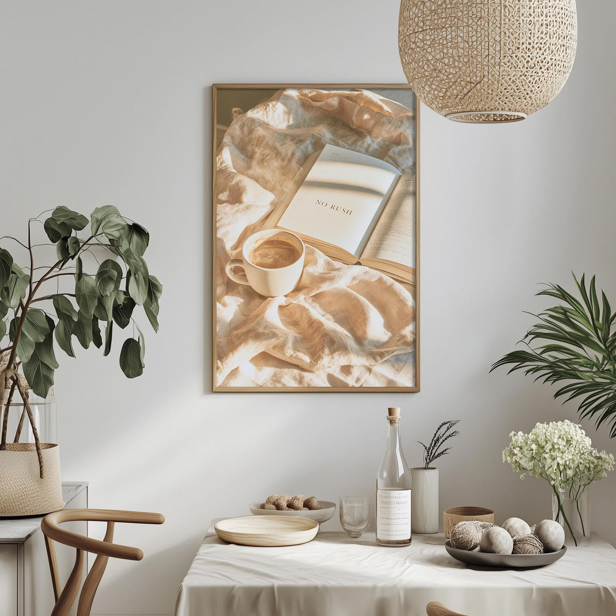 a cozy and inviting living space with a dining table set for a meal, a potted plant, and a framed picture of a cup of coffee and an open book on the table.