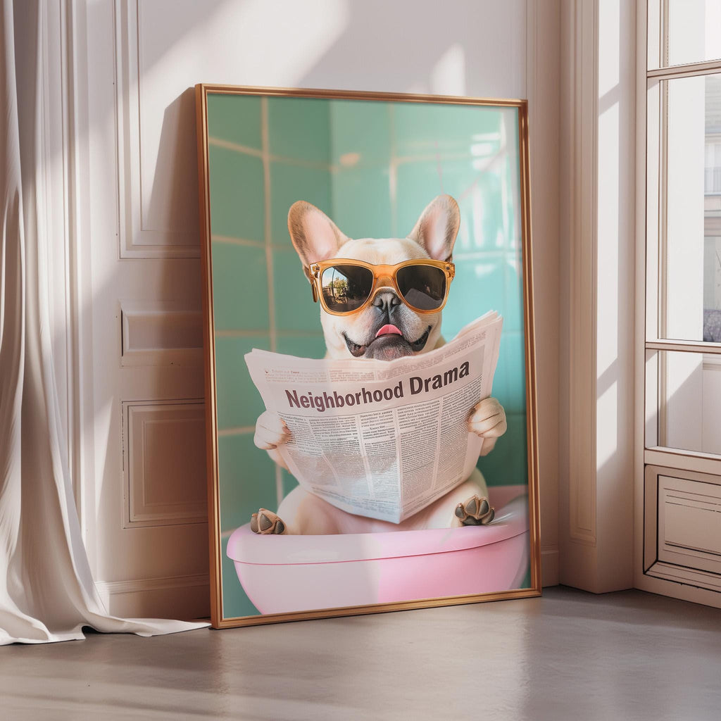 A framed image of a dog wearing sunglasses and holding a newspaper, with the text "Neighborhood Drama" printed on it.
