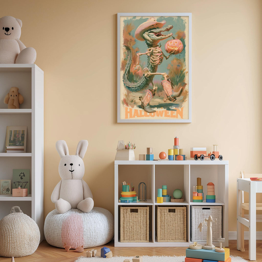 A child's bedroom with a white bookshelf, a stuffed rabbit, a toy dinosaur skeleton, and a Halloween-themed poster on the wall.