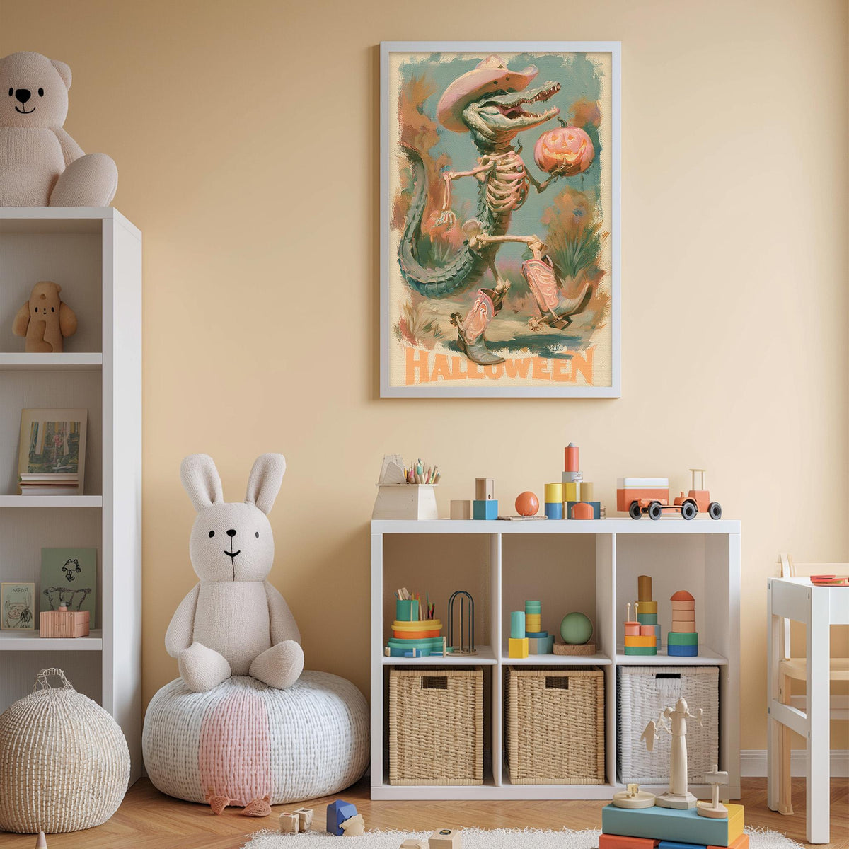 A child's bedroom with a white bookshelf, a stuffed rabbit, a toy dinosaur skeleton, and a Halloween-themed poster on the wall.