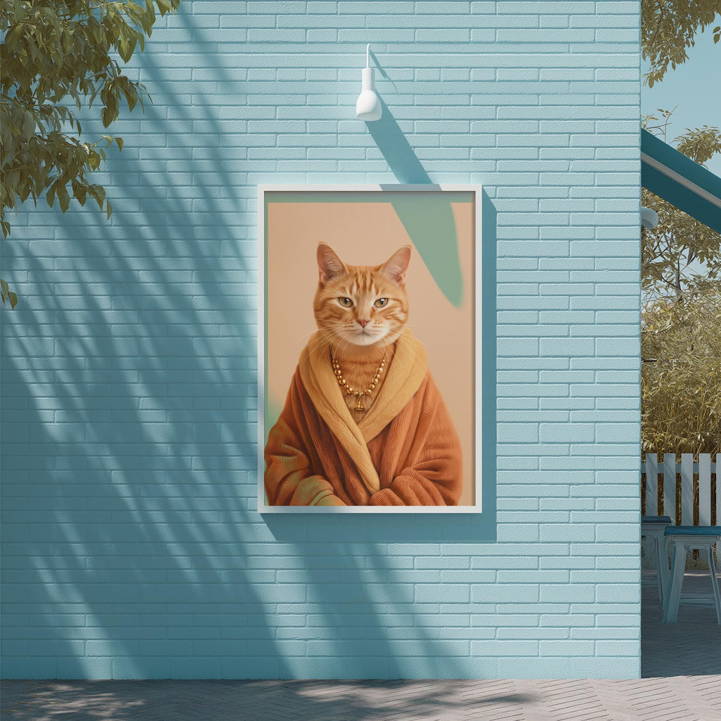 a large orange cat wearing a robe, which is displayed on a blue brick wall.
