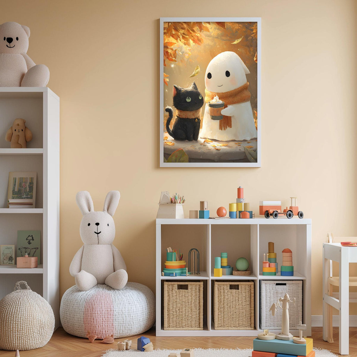 a cozy and colorful children's bedroom with a white bookshelf, a plush white bunny, a black cat, and a framed illustration of a ghost and a bunny.