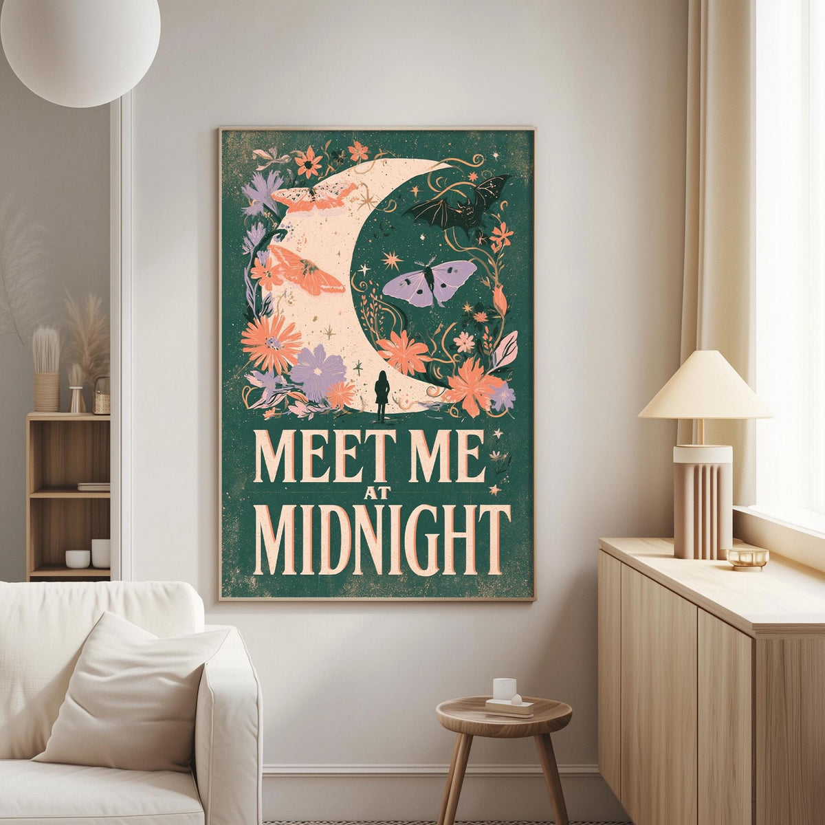 a poster with a moon and floral design, hanging on a wall in a living room.