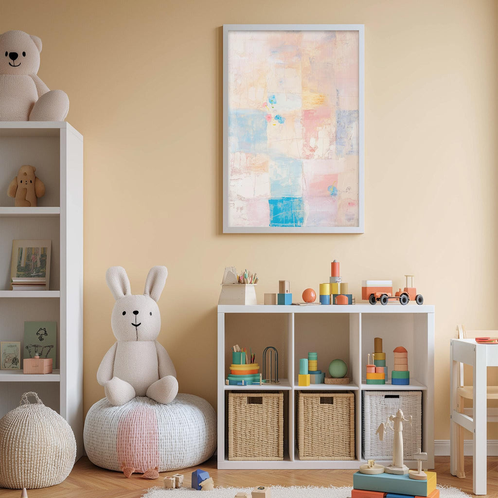 A cozy and colorful children's bedroom with a large stuffed rabbit, a bookshelf, and a toy storage unit filled with toys and books.