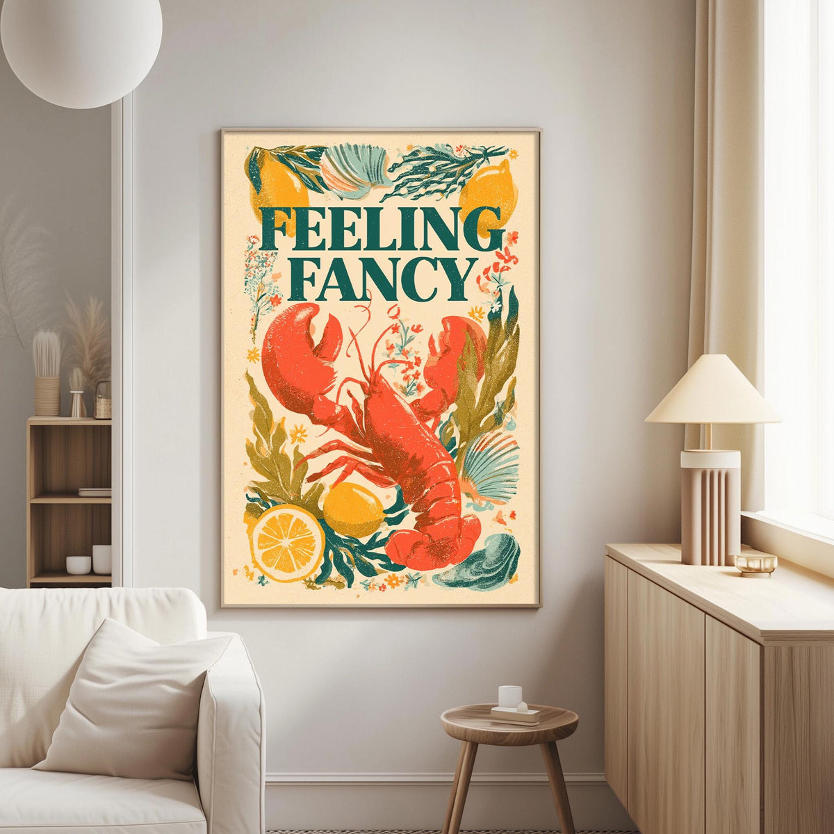 a framed poster with a vibrant illustration of a lobster surrounded by tropical plants and fruits, such as oranges and lemons, with the text "Feeling Fancy" prominently displayed.
