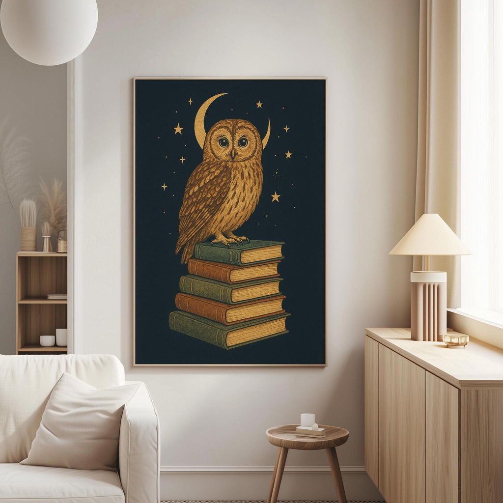 a large framed artwork of an owl perched on a stack of books, set against a dark background with a crescent moon and stars.