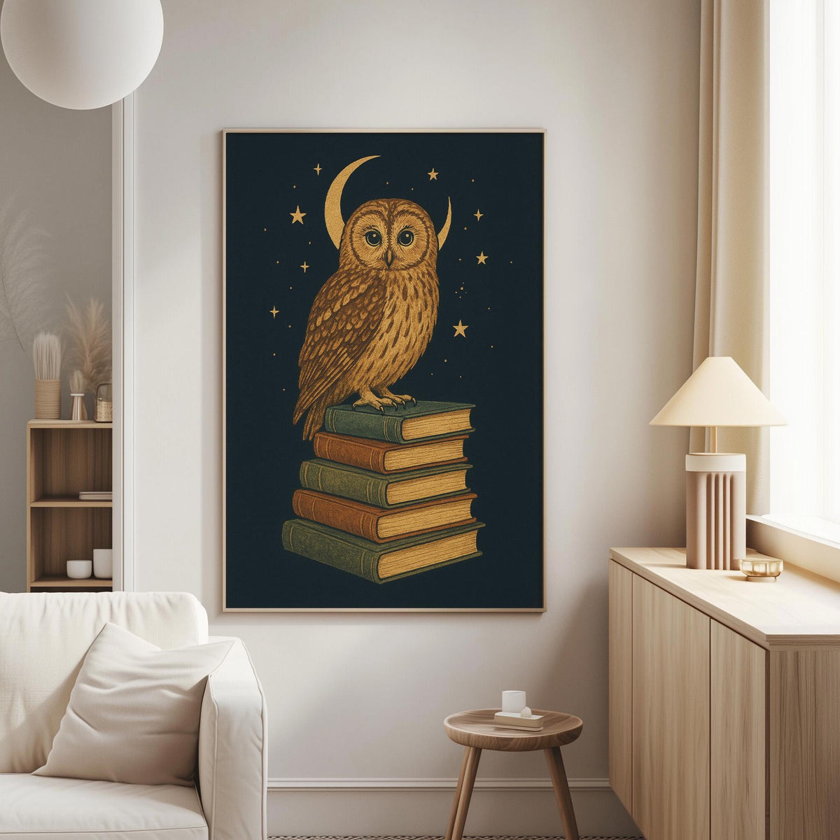 a large framed artwork of an owl perched on a stack of books, set against a dark background with a crescent moon and stars.