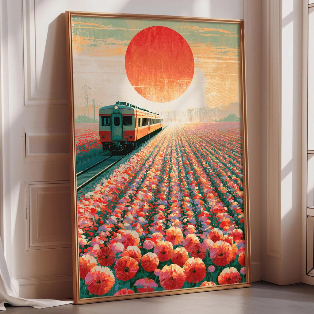 A framed poster depicting a train traveling through a field of colorful flowers, with a large sun in the sky.