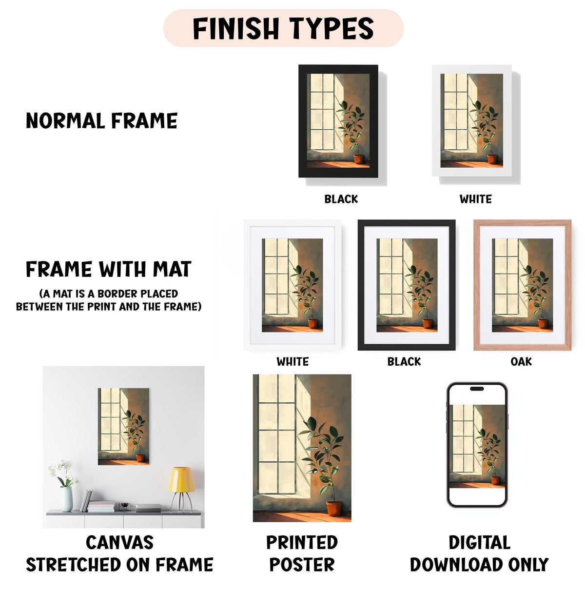 various framed artworks depicting different types of plants, including a potted plant, a hanging plant, and a plant in a vase. The artworks are presented in different frame colors, such as black, white, and black, and are labeled as "NORMAL FRAME", "FRAME WITH MAT (A MAT IS A BORDER PLACED BETWEEN THE PRINT AND THE FRAME)", "CANVAS STRETCHED ON FRAME", "PRINTED POSTER", and "DIGITAL DOWNLOAD ONLY".